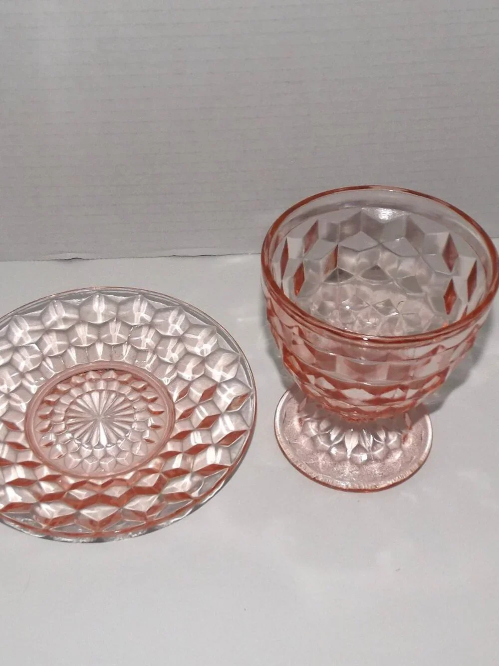 2 Pc Vintage Collection Jeannette Cube Pink Depression Glass Plate & Candy Dish